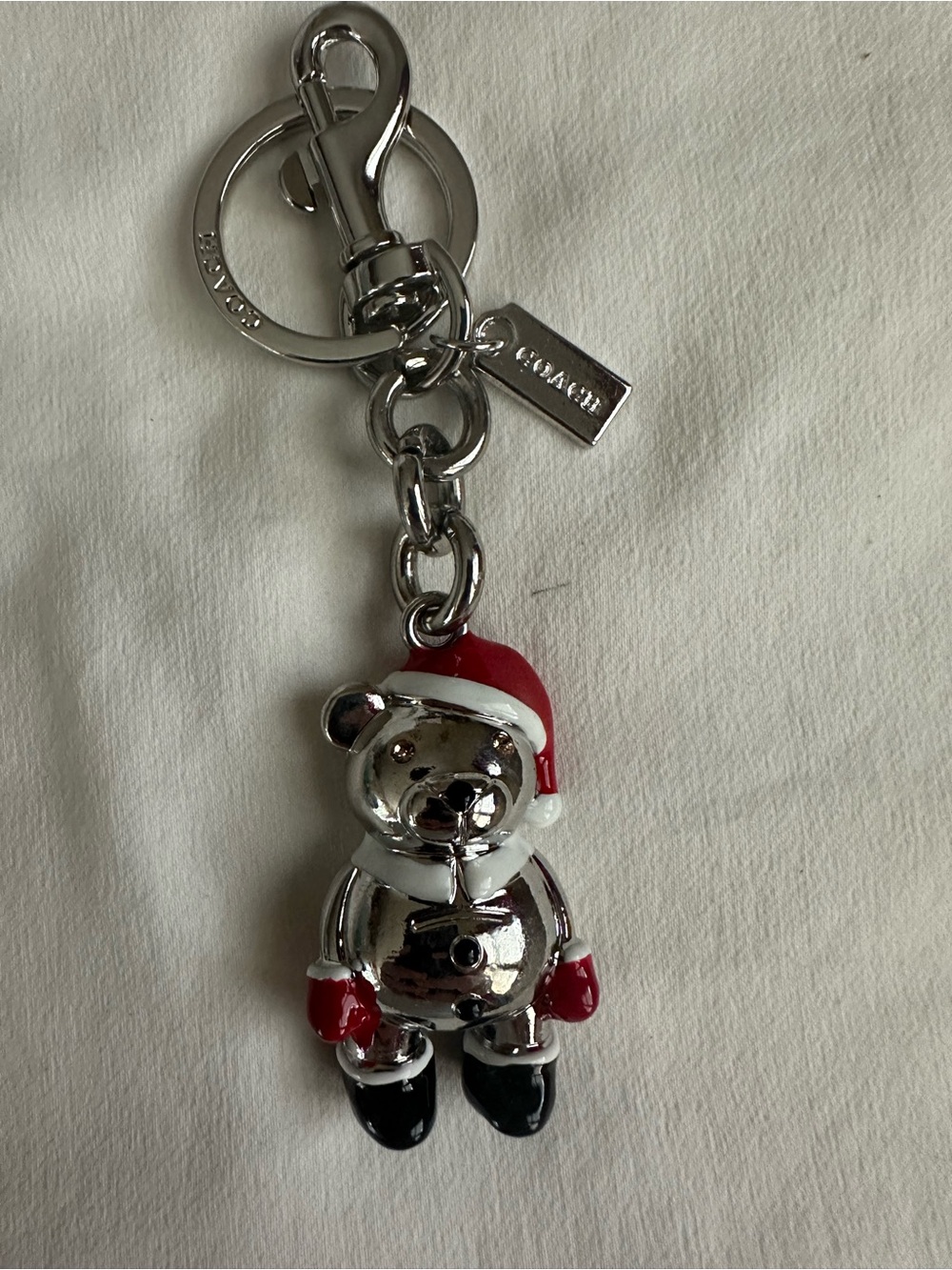 Coach Silver and Red Christmas Teddy Bear Keychain